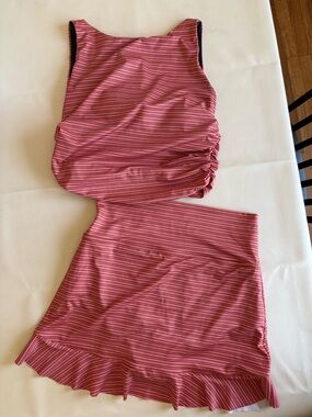 Albion Sunset Stripe Ruffle Hem Swim Skirt Set Top Size Small, Bottoms Size Medi